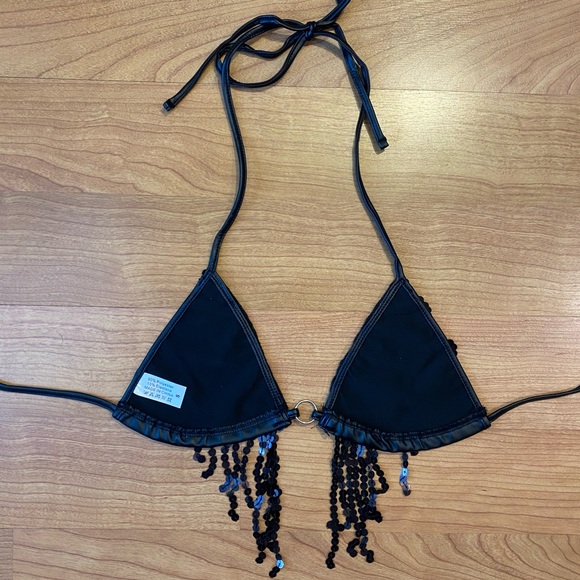 Black Faux Leather & Sequin Fringe Festival Bra Top - Picture 5 of 7